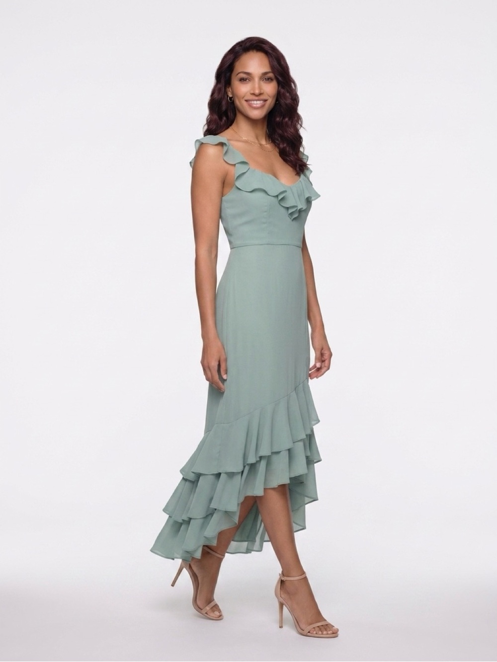 Birdy Grey Ruffles Maxi Dress with Slit Mint Green Sz Small